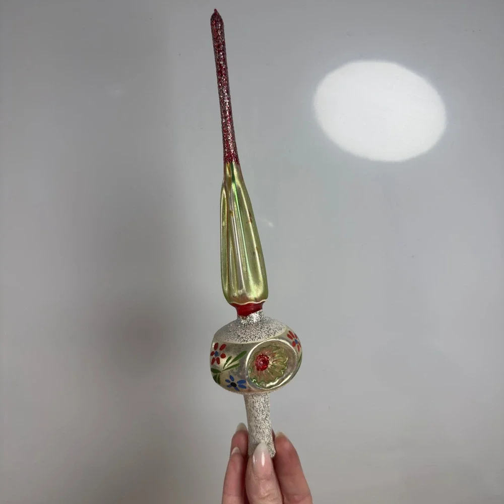 Vintage Polish Mercury Glass Christmas Tree Topper Hand Painted Floral 11 Inch